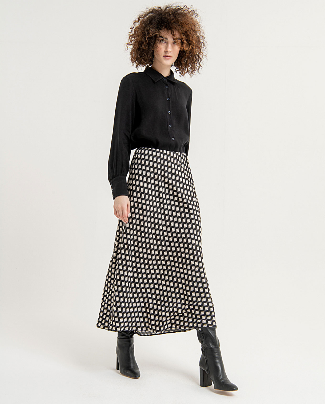 Printed wide bias binding midi skirt Black