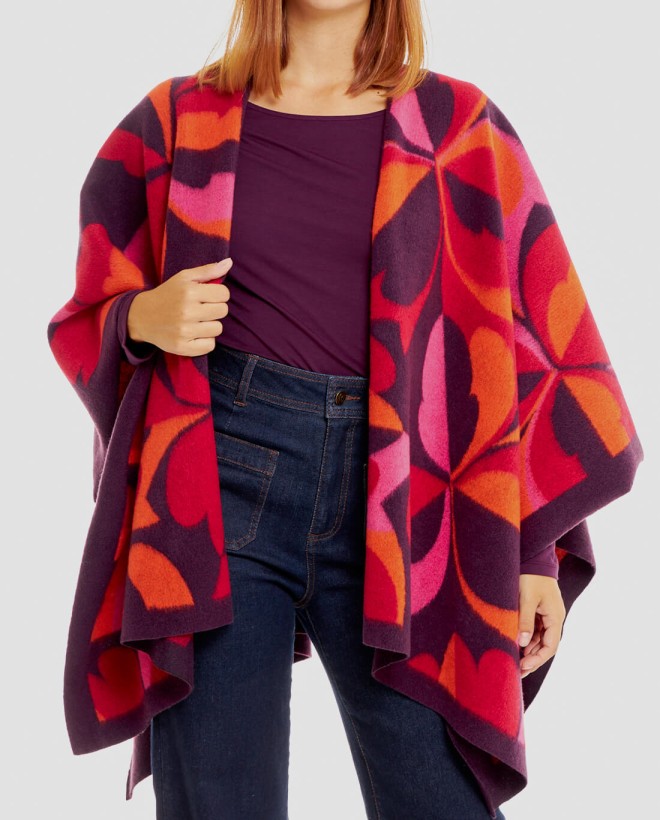 Floral print wool open poncho Red