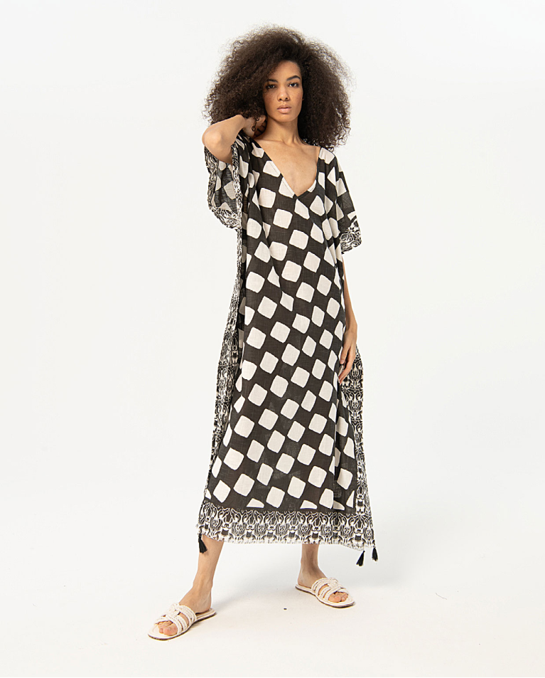 Long kaftan avec décolleté en V Noir