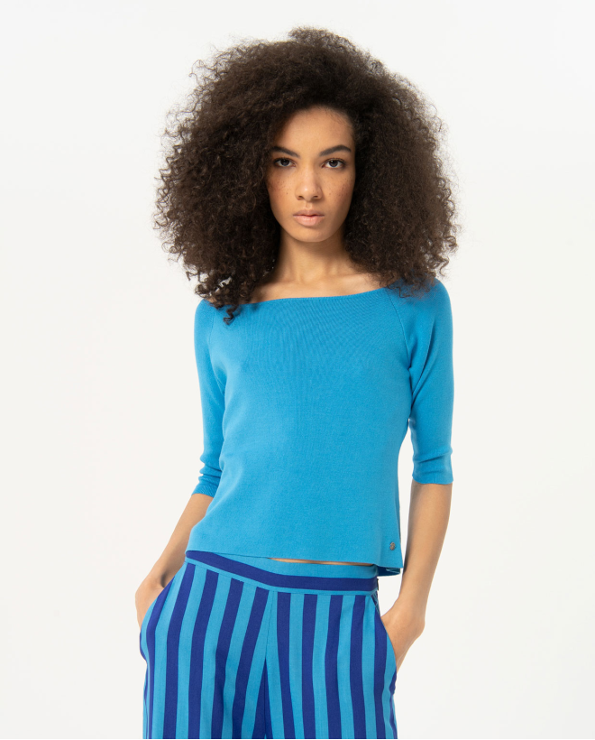 Pull tricoté à col Bardot Bleu