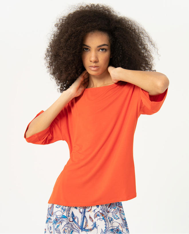 French sleeve elastic T-shirt Red
