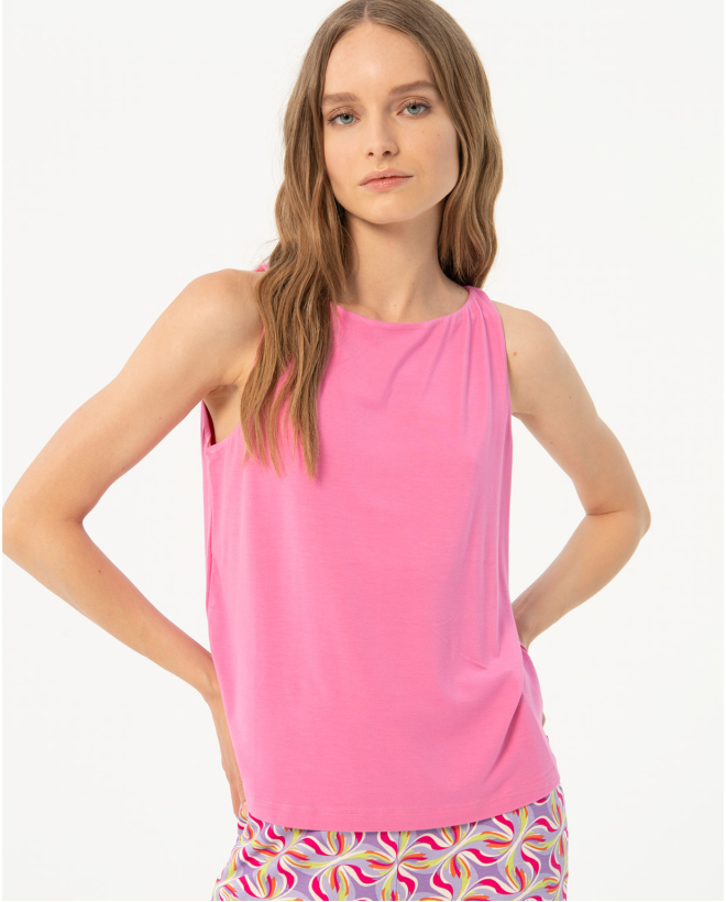 Wide-strap elastic T-shirt Pink