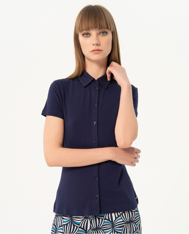 Smooth short sleeve elastic shirt Navy blue