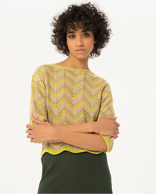 Striped crochet knitted sweater Green