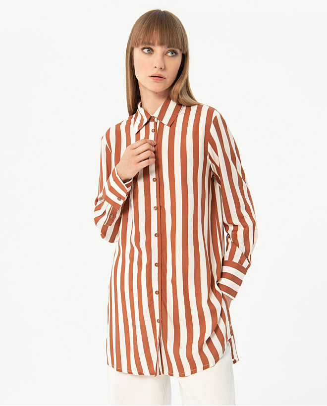 Long striped satin shirt Brown