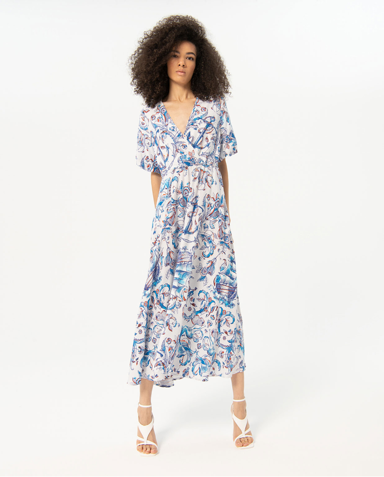 Printed long and wide dress Blue