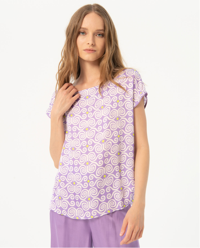 Printed short sleeve satin t-shirt Lilac