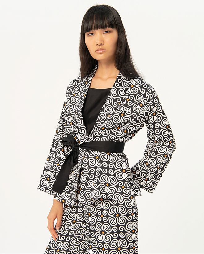 Printed satin kimono kimono jacket Black