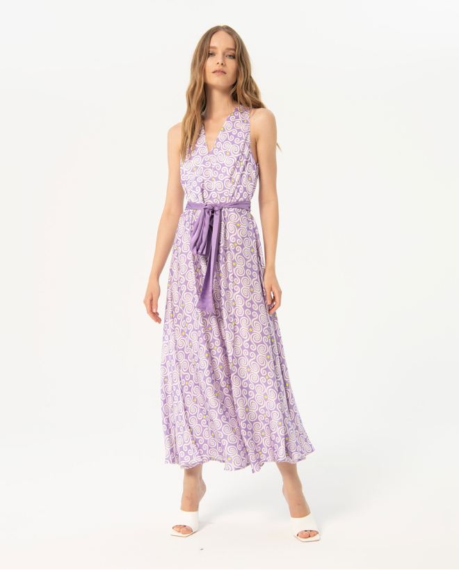 Printed satin long and crossed dress Lilac