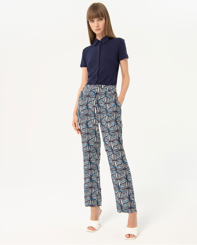 Printed crepe high waisted straight long pants Navy blue