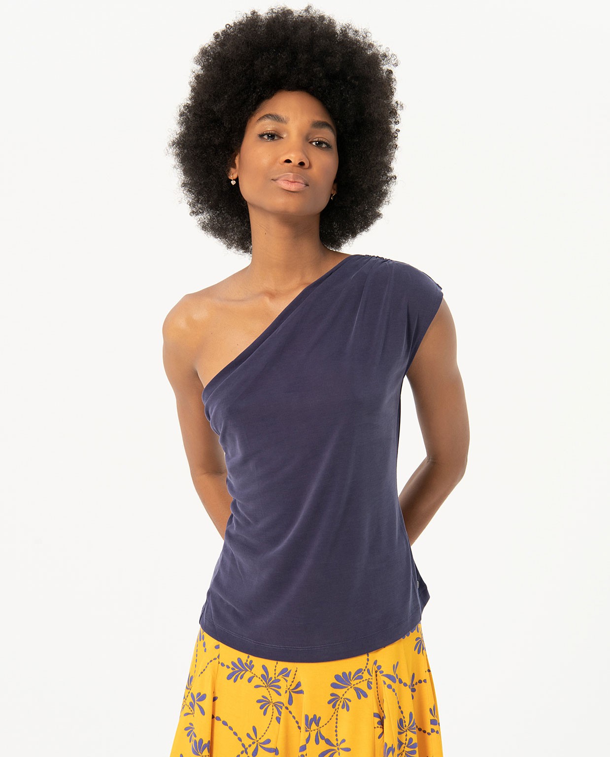 Asymmetrical plain t-shirt with ruffles Navy blue