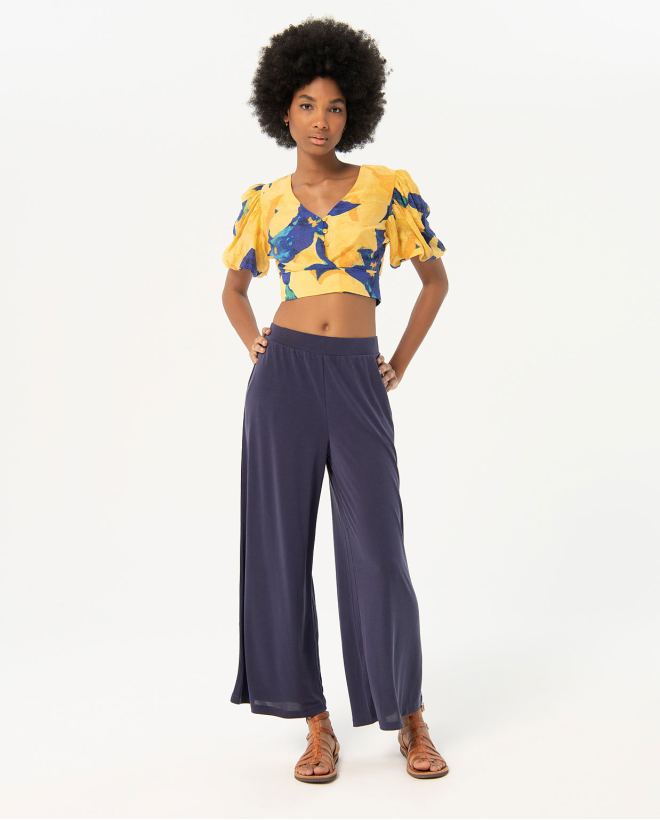Wide and elastic plain cropped pants Navy blue