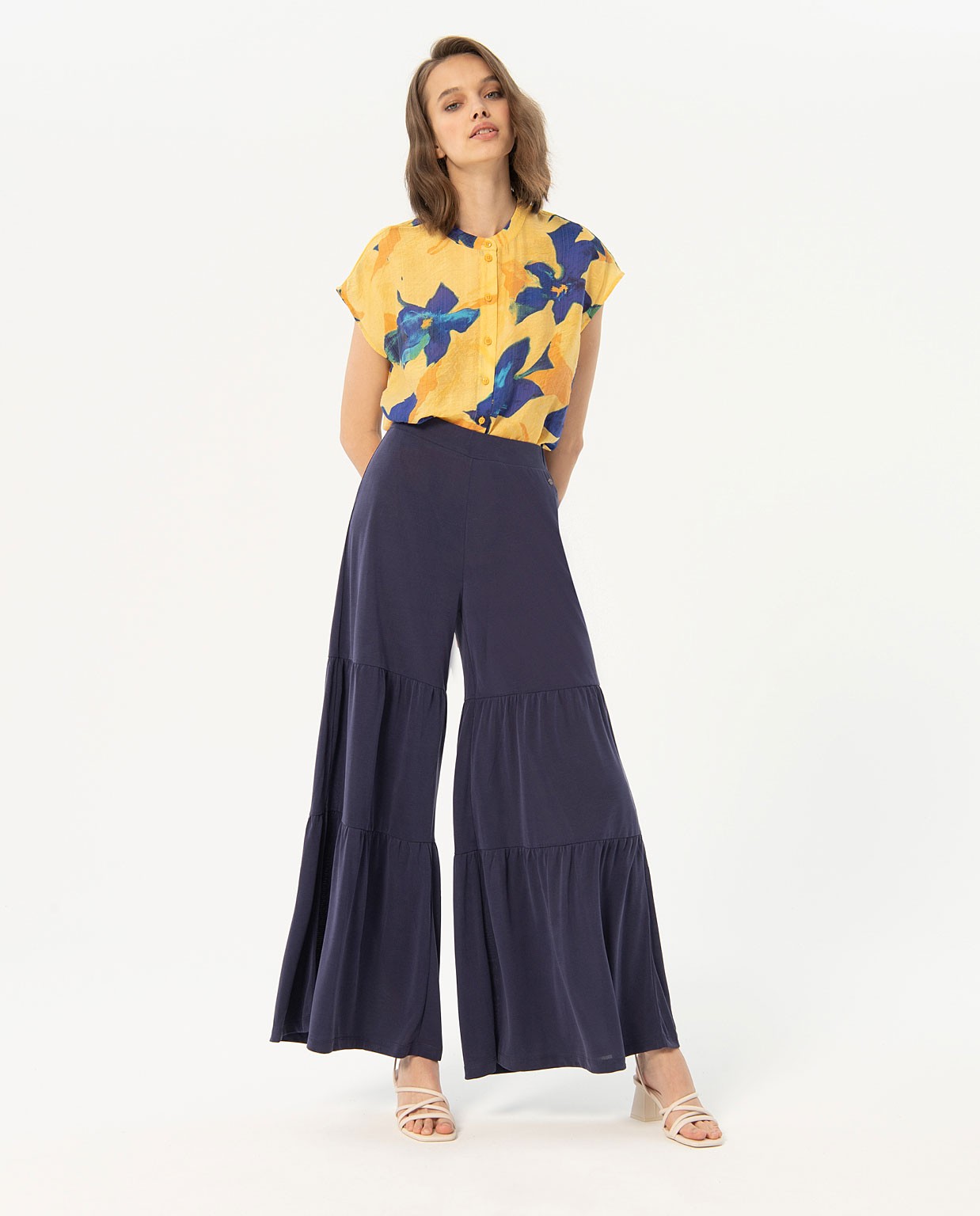 Long pants with ruffles, smooth Navy blue