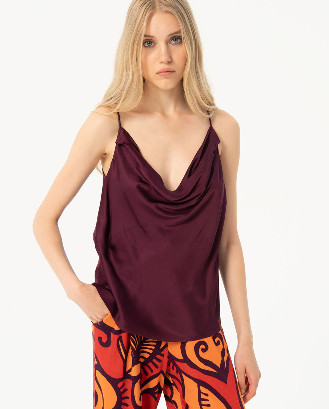 Satin tank top with draped neckline and straps Maroon
