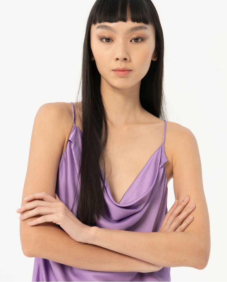 Satin tank top with draped neckline and straps Lilac women Surkana