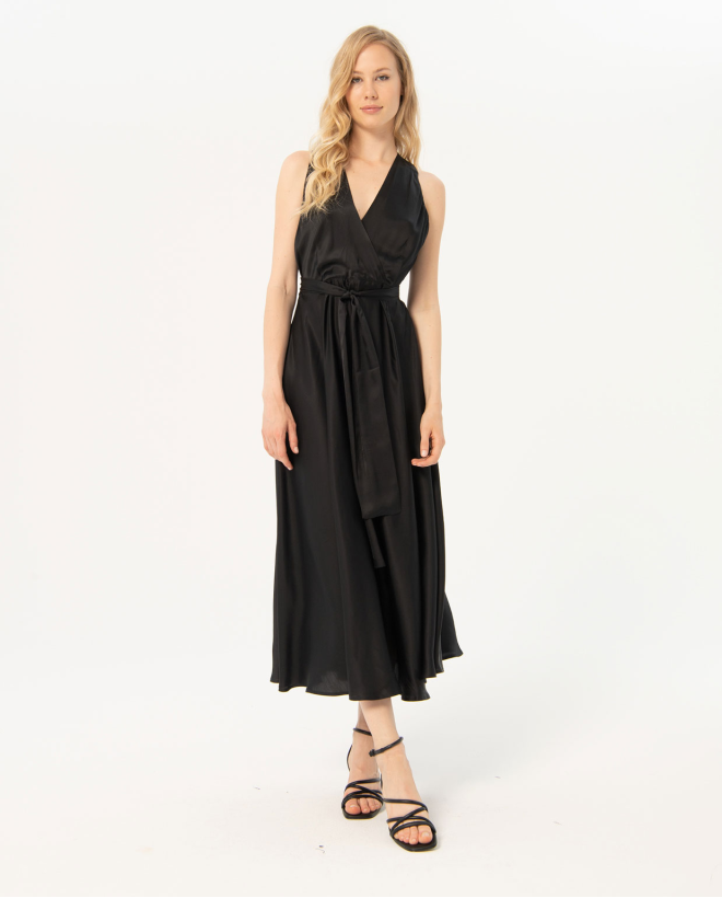 Smooth satin long and crossed satin dress Black