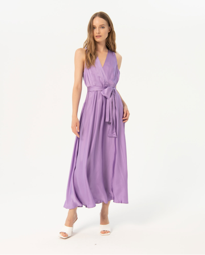 Smooth satin long and crossed satin dress Lilac
