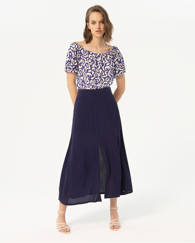 Plain crepe long skirt Navy blue
