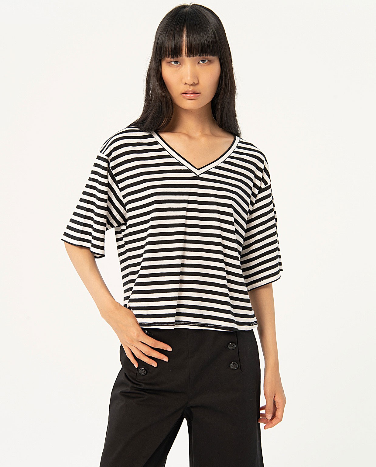 Wide striped cotton t-shirt Black