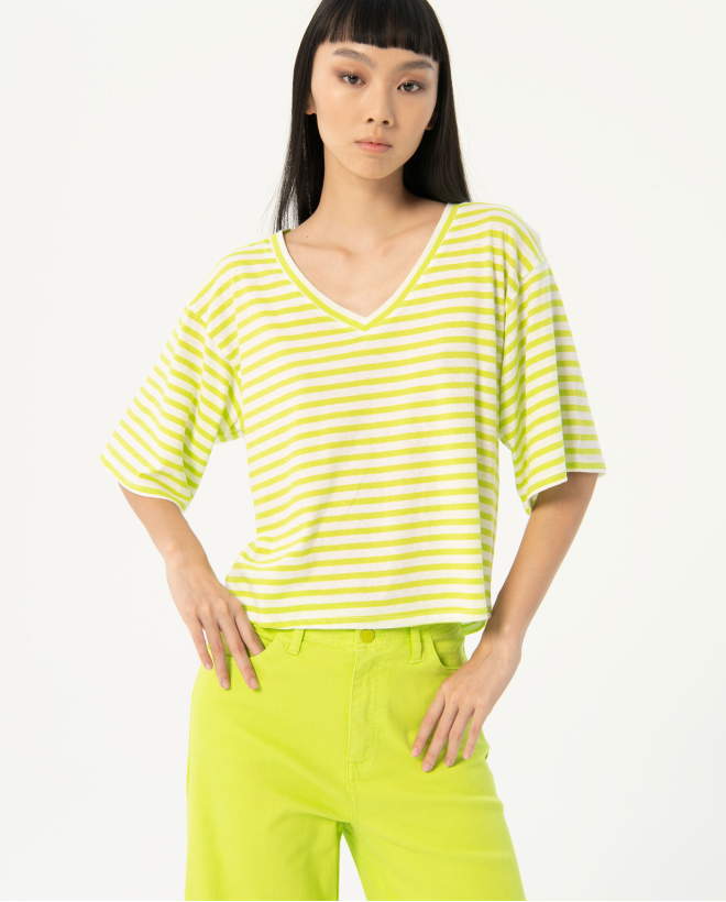 Wide striped cotton t-shirt Green
