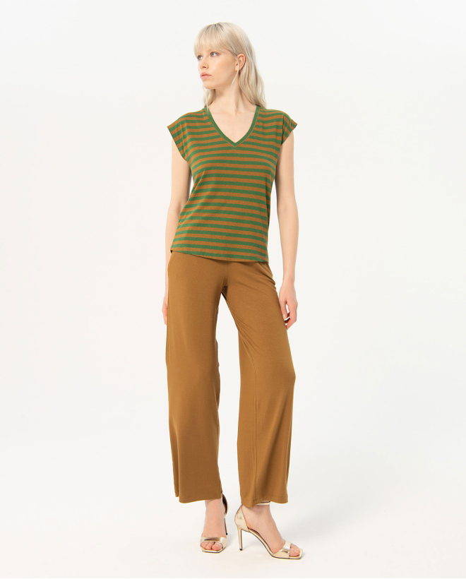 Striped cotton V-neck t-shirt Khaki