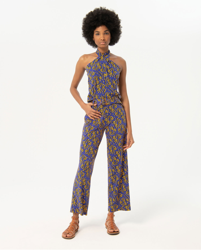 Printed belted long pants with belt Blue