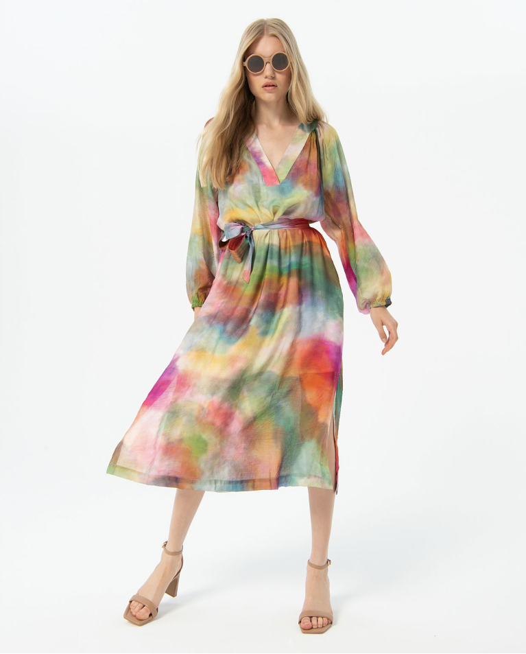 Oversize midi dress with printed belt Multi