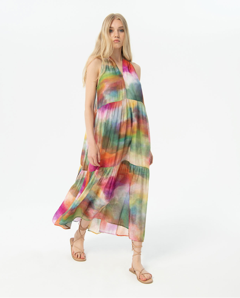 Oversize satin printed long dress Multi