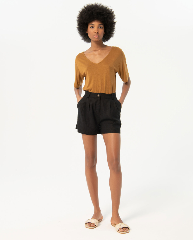 Plain high-waist pleated shorts Black