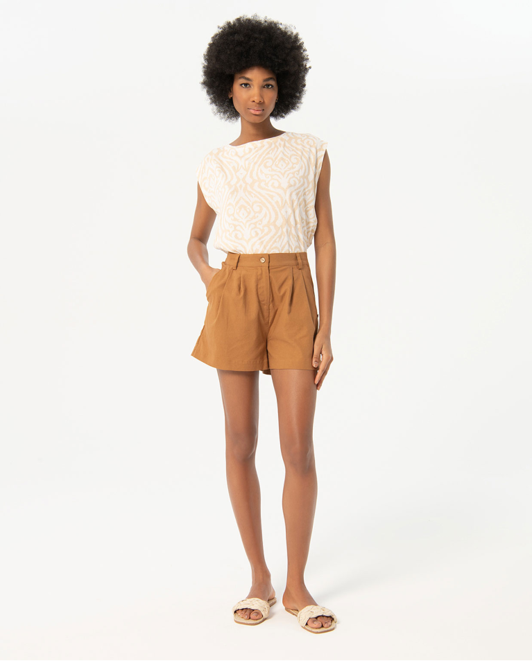 Short plissé taille haute uni Camel