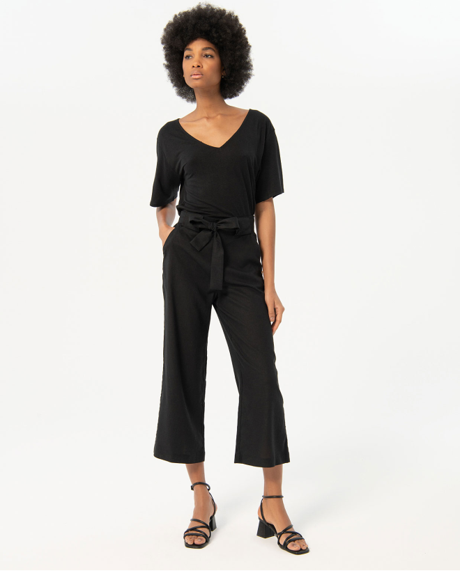 Wide and straight plain cropped pants Black