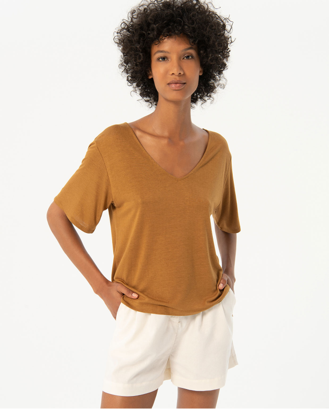 Wide plain short sleeve t-shirt Camel