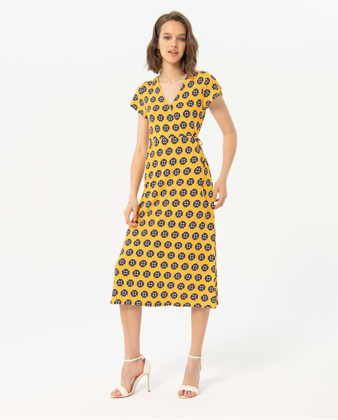 Printed midi cross over dress Yellow