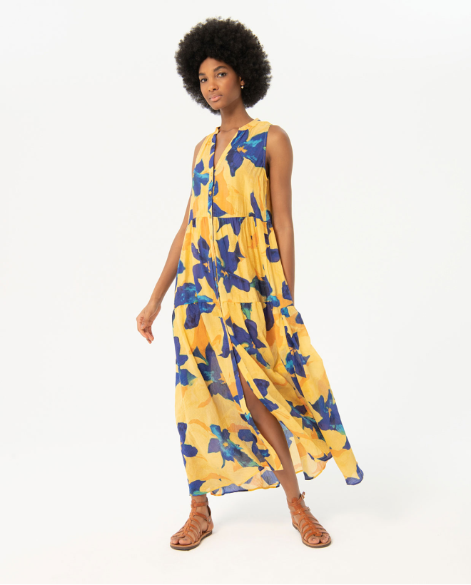 Printed sleeveless long dress Yellow
