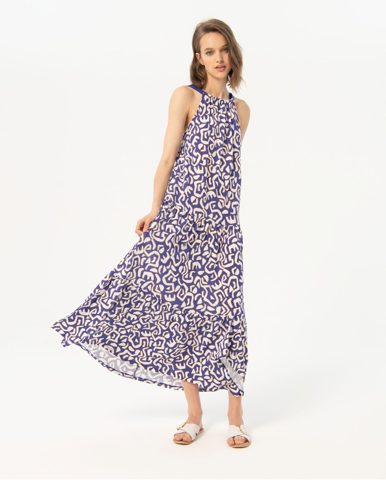 Robe longue imprimée à volants Bleu