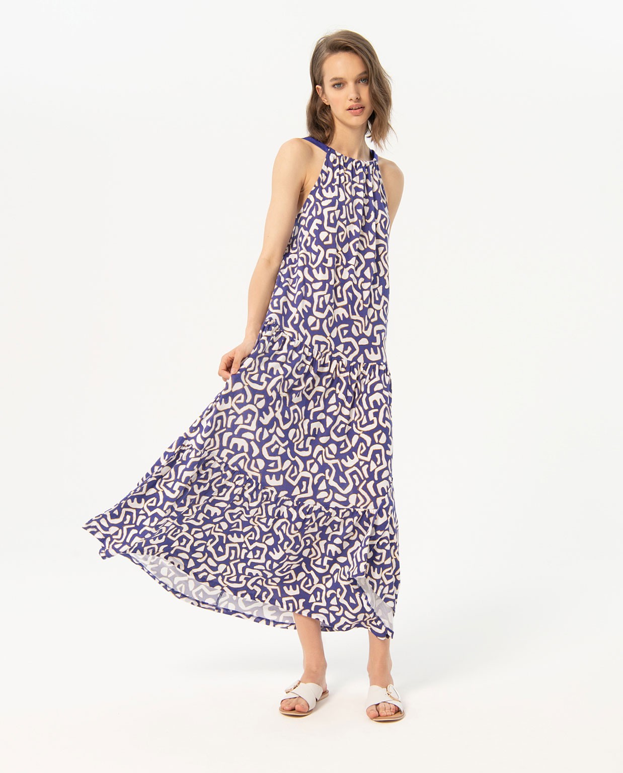 Printed ruffle long dress Blue