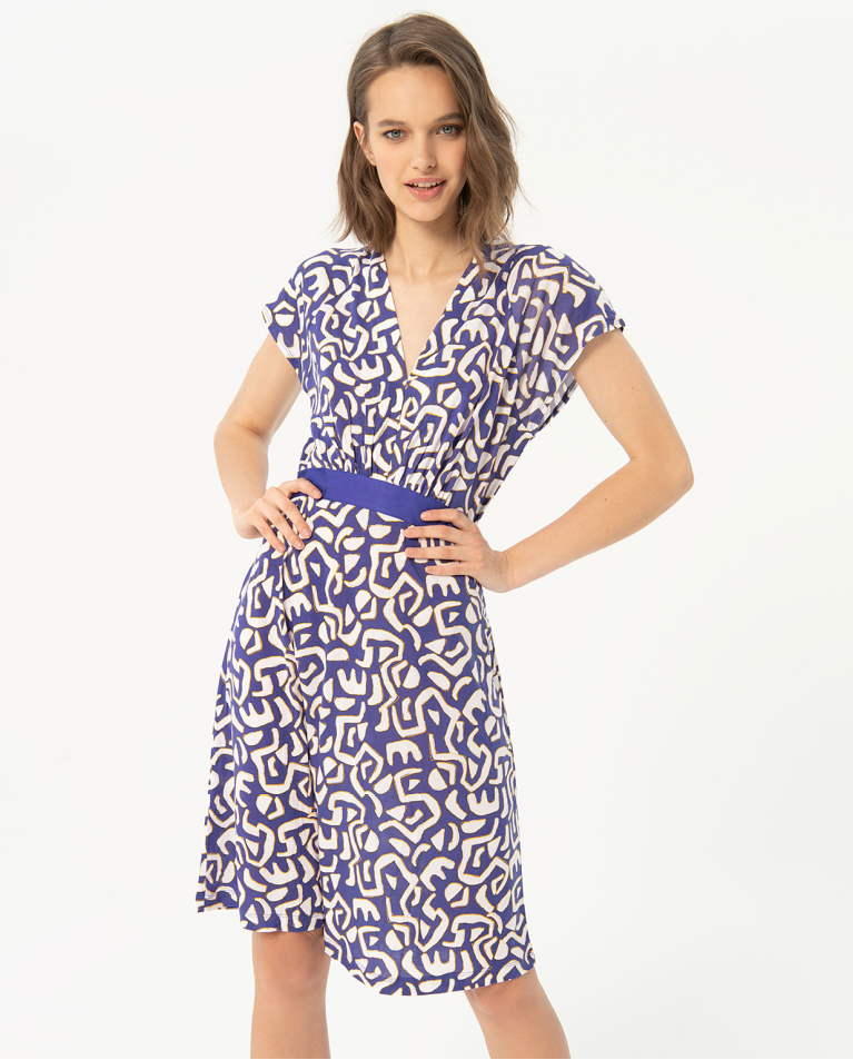 Printed V-neck short dress Blue women Surkana