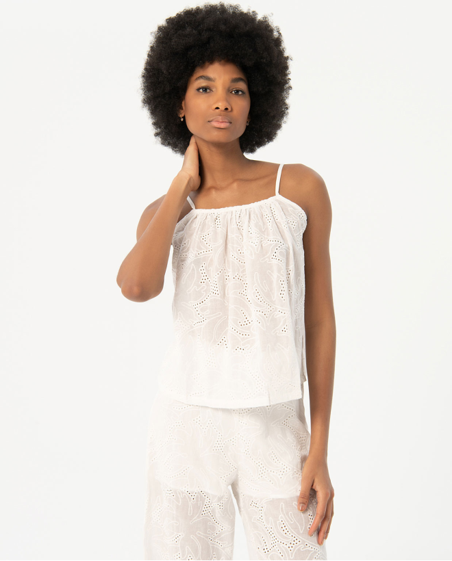 Plain embroidered and openwork straps top White