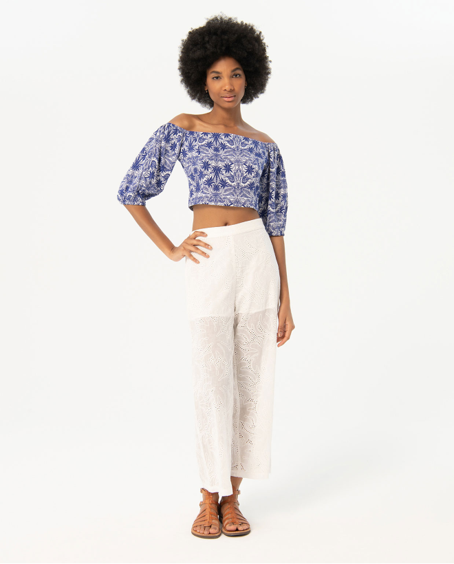 Embroidered and openwork plain long pants White