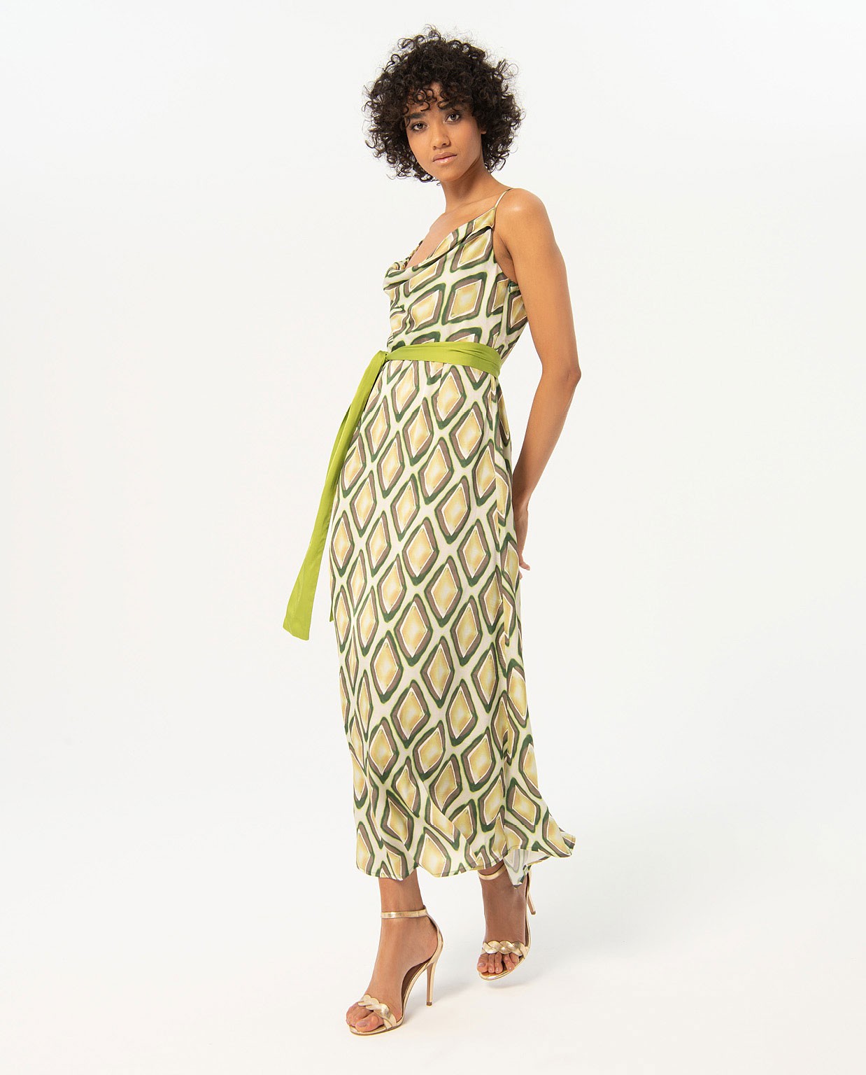 Printed satin long dress Green