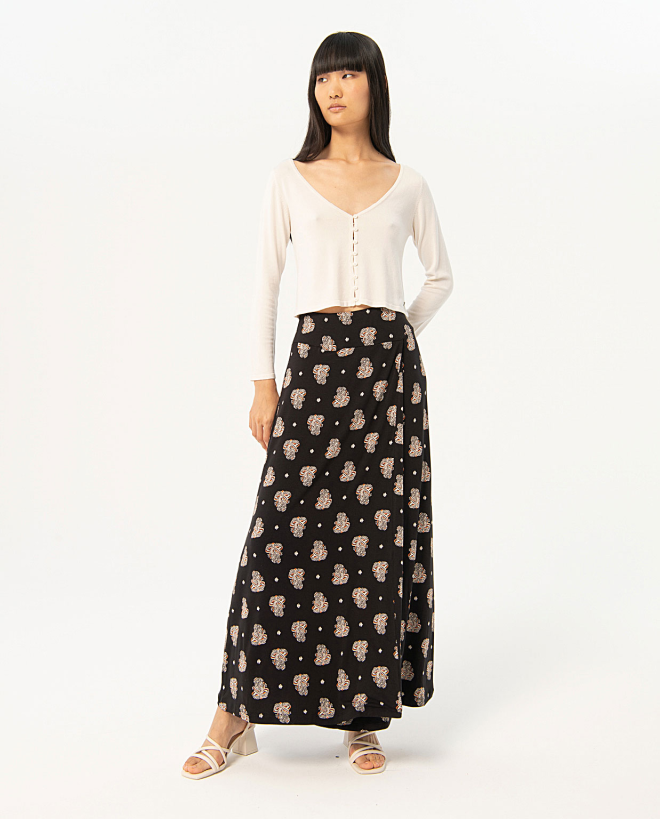 Printed crossed long skirt Black