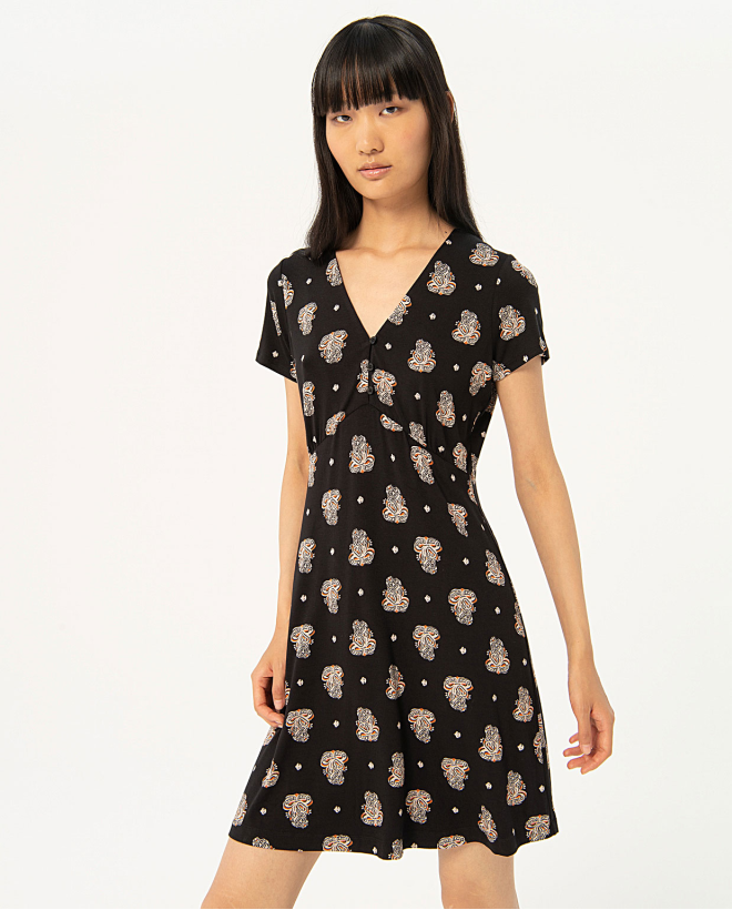 Printed V-neck short dress Black