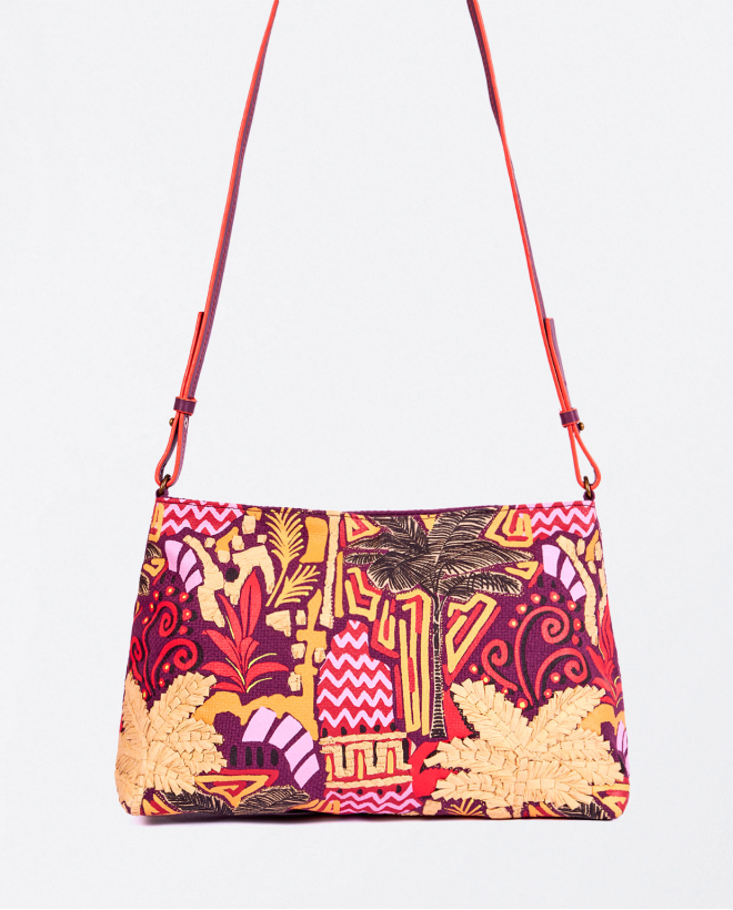Embroidered fabric shoulder bag Maroon