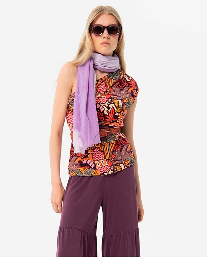 Fringed degraded sarong scarf with bangs Lilac