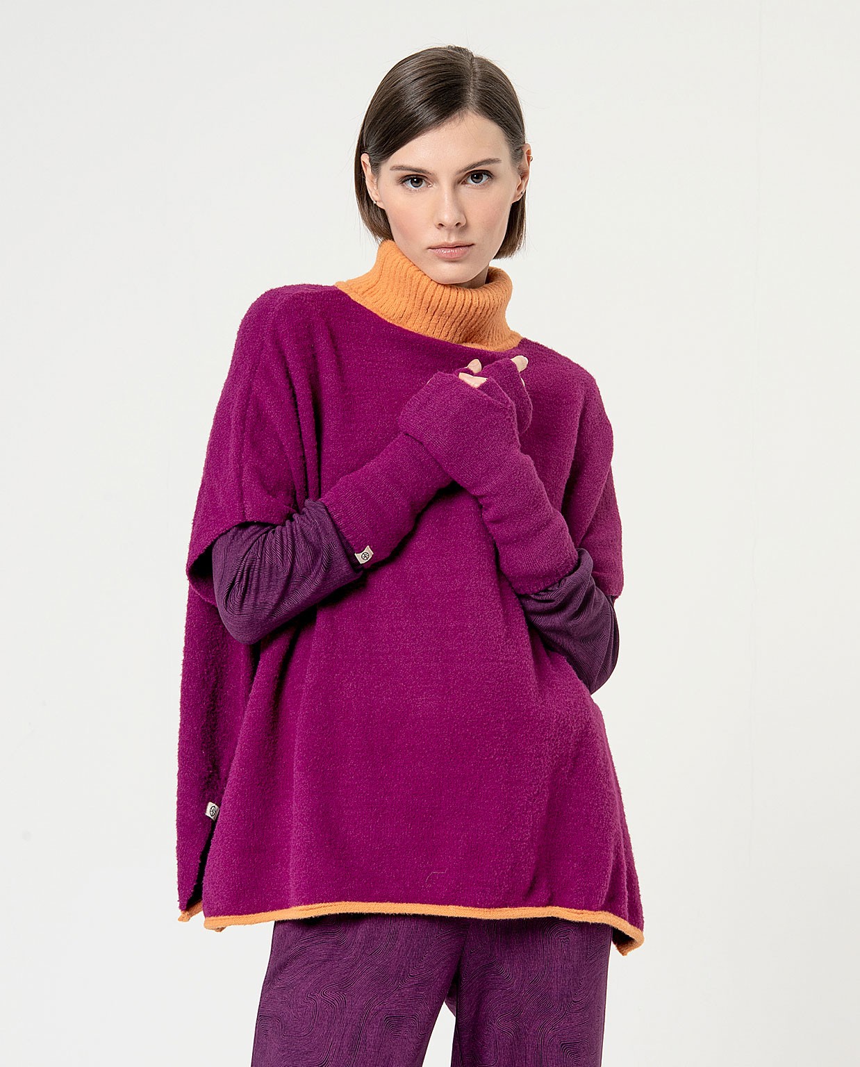 Poncho uni en maille contrastée Violet