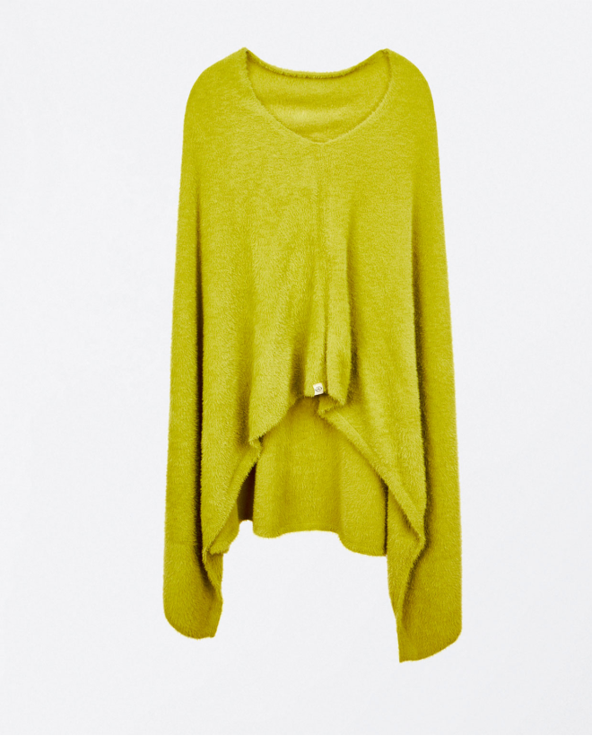 Poncho tricoté uni avec poils Vert