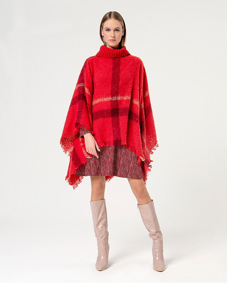 Poncho à col roulé en tissu écossais Rouge