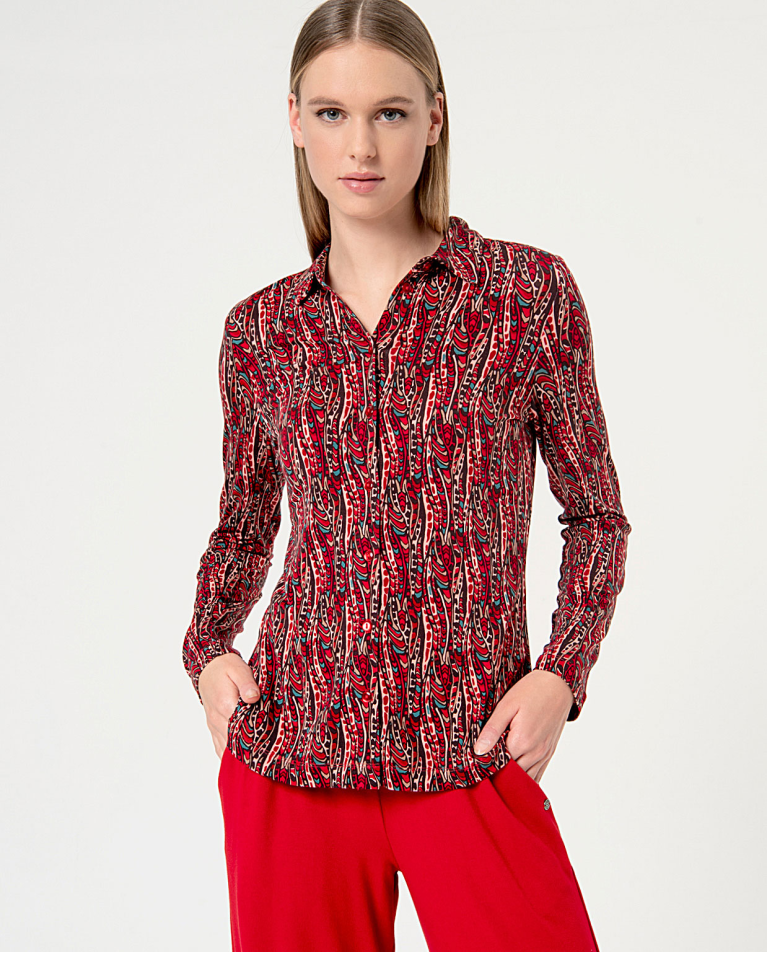 Printed long sleeve elastic shirt Maroon