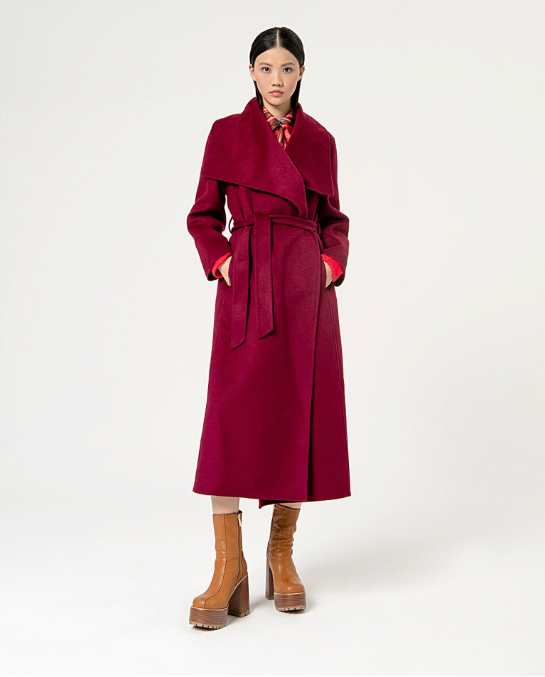 Manteau long lisse avec revers Bordeaux