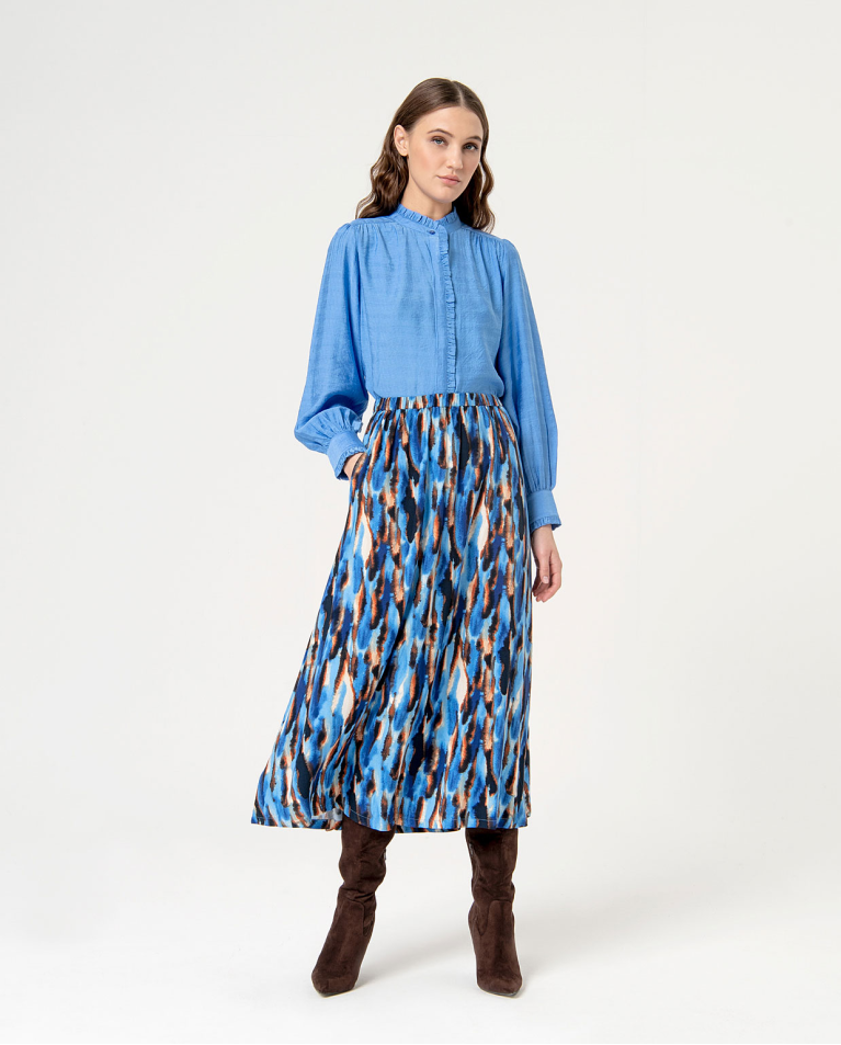 Printed flowing long skirt Blue